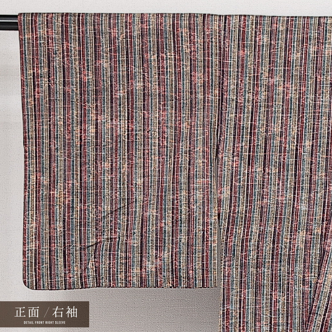 真綿紬 袷 身丈153cm 裄丈62cm 正絹 Aランク カジュアル 広衿 Sサイズ 流水 縞 ピンク系 HP 1223-14319