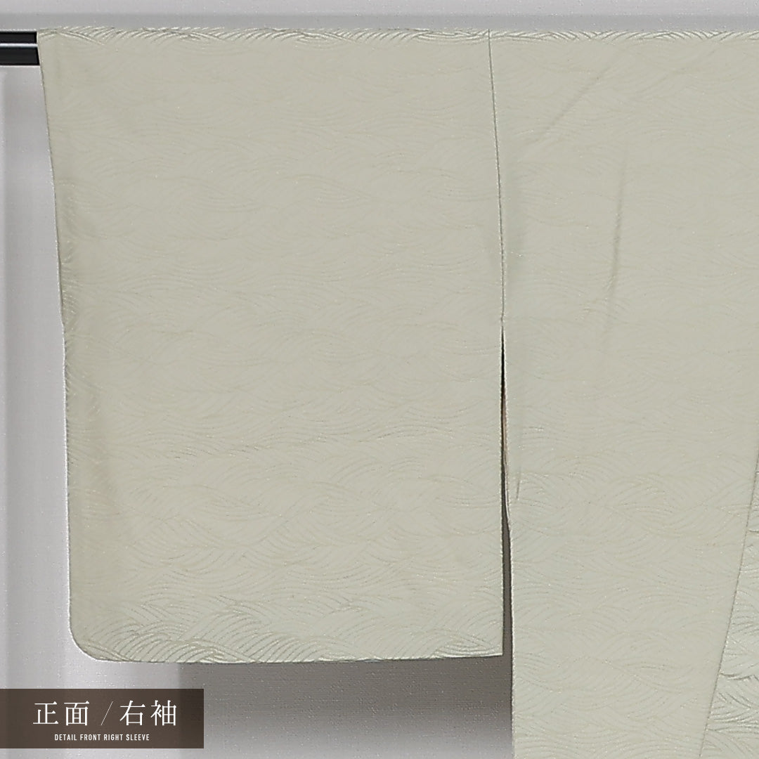 色無地 身丈157cm 裄丈65.5cm Aランク M 正絹 袷 広衿 地紋あり 波 カジュアル 緑系 1214-12020
