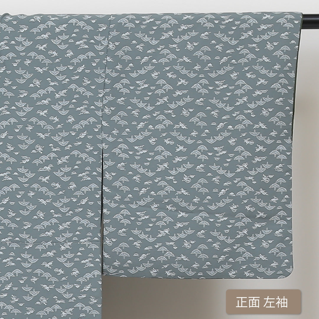 洗える着物 小紋 袷 身丈146cm 裄丈63cm ポリエステル Aランク インフォーマル 広衿 XSサイズ 鶴 笠松 緑系 RP 1221-01355