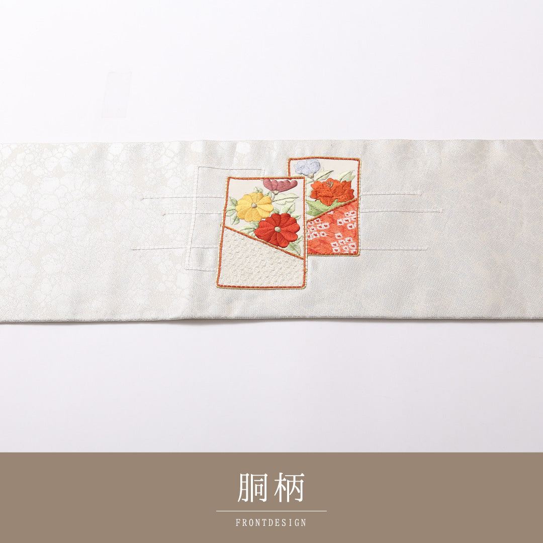九寸名古屋帯 Aランク 帯丈344cm 正絹 ポイント柄 名古屋仕立て 織り セミフォーマル 菖蒲 菊 銀系 M4 1245-03066
