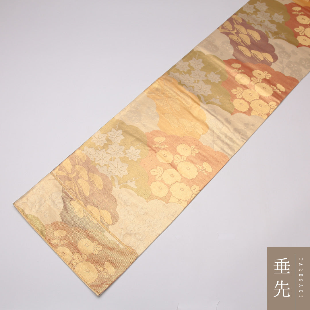 袋帯 帯丈418cm 正絹 六通 フォーマル 琳派 雲取り 四季草花 金系 1243-01313