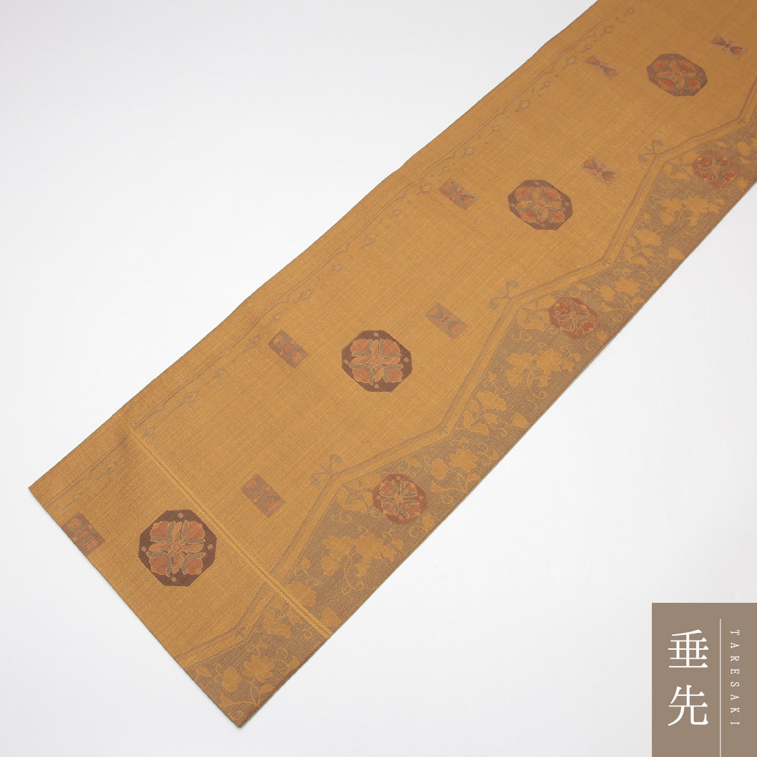 袋帯(紬) 帯丈428cm 正絹 六通 染め帯 カジュアル 花菱 黄系 1243-01252