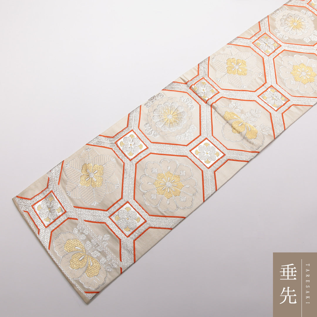 袋帯 帯丈410cm 正絹 六通 フォーマル 蜀江 吉祥文様 クリーム系 1243-01414