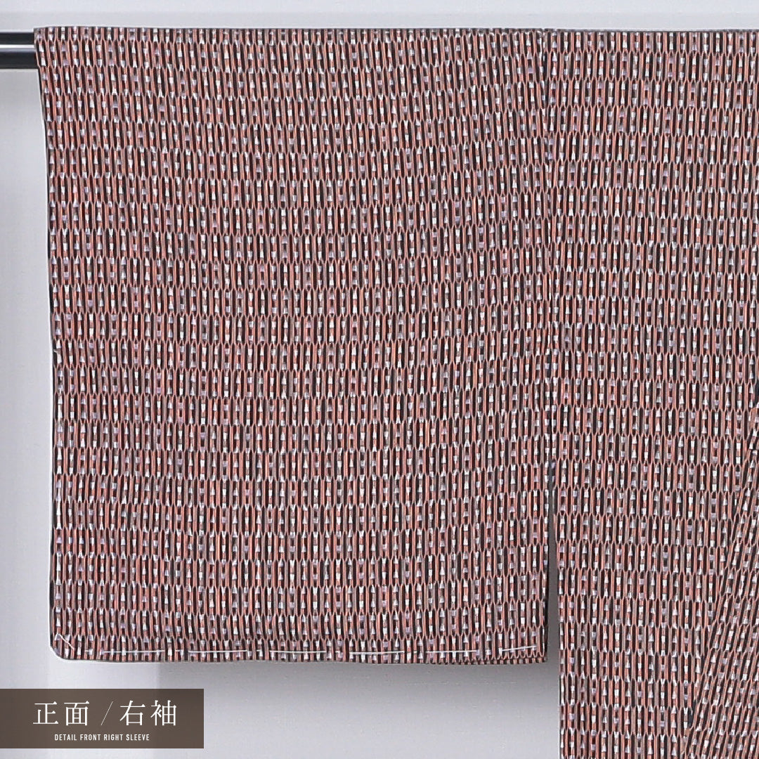 小紋 身丈155cm 裄丈68.5cm Sランク M ポリエステル 洗える着物 単衣 広衿 しつけ糸 創作 カジュアル 茶系 1215-12347