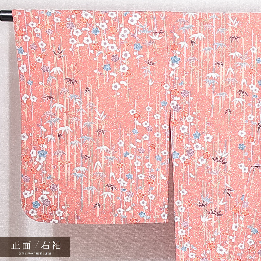 洗える着物 小紋 袷 身丈160cm 裄丈66cm ポリエステル Sランク インフォーマル 広衿 Lサイズ 猫 梅 ピンク系 RP 1221-14926
