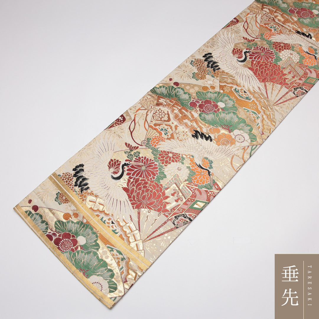 アンティーク 丸帯 帯丈372cm 正絹 全通 御所車 鶴 クリーム系 金系 1242-01189