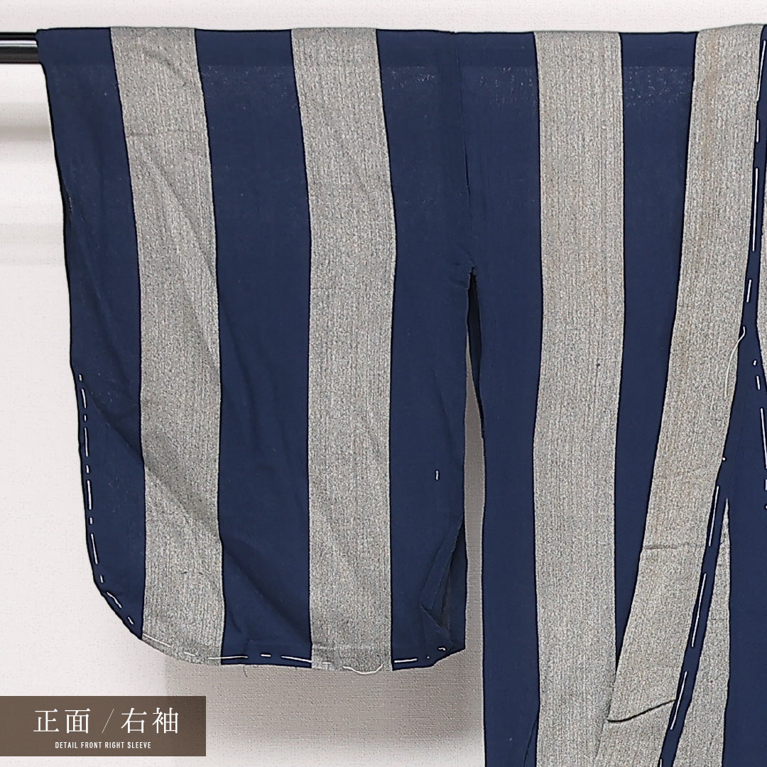アンティーク 夏物 お召 夏物 身丈145cm 裄丈61cm 正絹 Cランク バチ衿 XSサイズ 縞 青系 RP 1222-13352