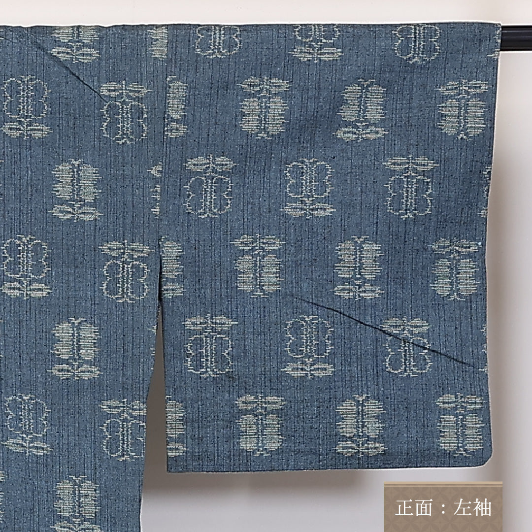 紬 単衣 身丈155cm 裄丈64cm 正絹 Sランク カジュアル バチ衿 Mサイズ 椿 青系 RP 1223-03747
