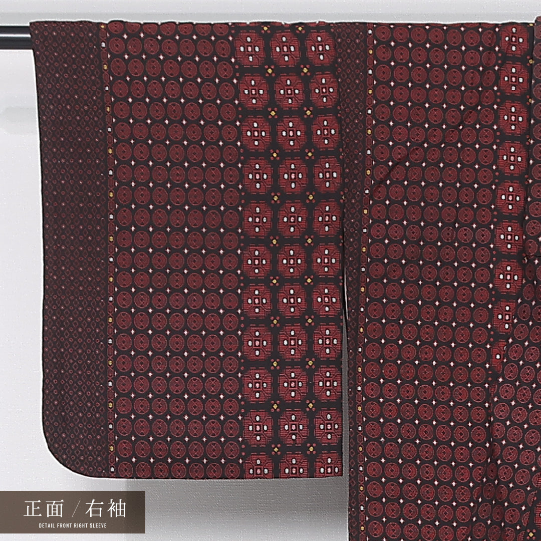 アンティーク お召 身丈154.5cm 裄丈62cm Aランク S 正絹 袷 バチ衿 レトロ 蜀江 菱 赤系 1265-11998