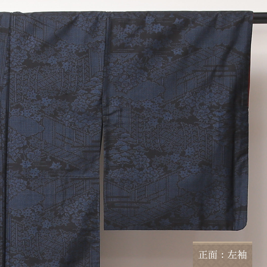大島紬 袷 身丈152cm 裄丈62cm 正絹 Aランク インフォーマル 広衿 Sサイズ 純泥染め 証紙 御所解 紺系 RP 1223-03534