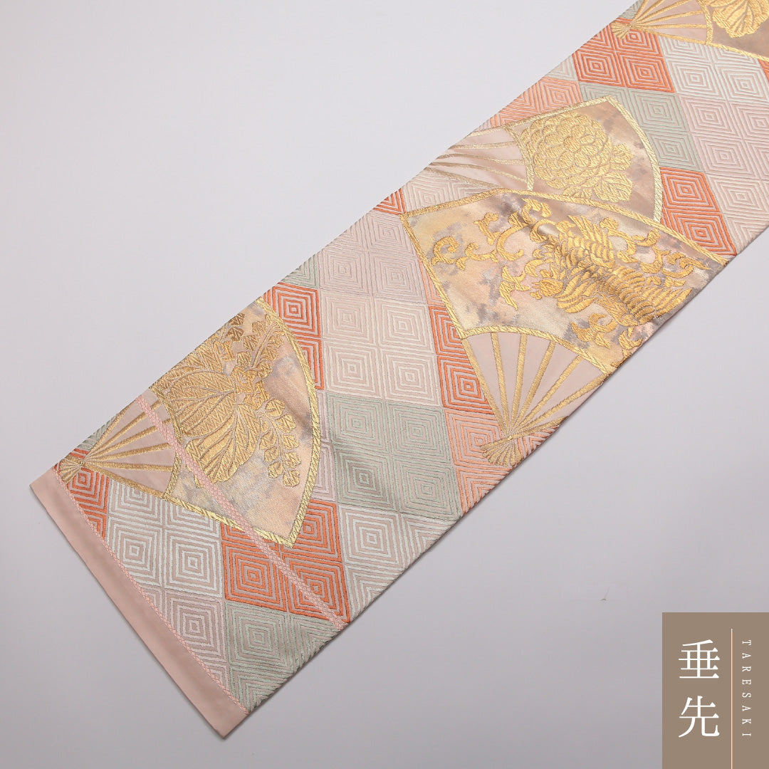 袋帯 帯丈442cm 正絹 六通 フォーマル 扇面文 唐草鳳凰文 菱つなぎ クリーム系 ピンク系 1243-01350