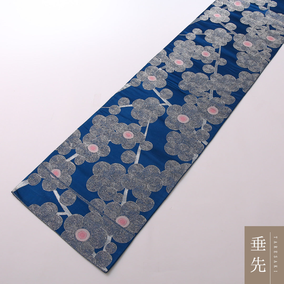 袋帯 帯丈416cm 正絹 六通 インフォーマル 梅 青系 銀系 1243-01667