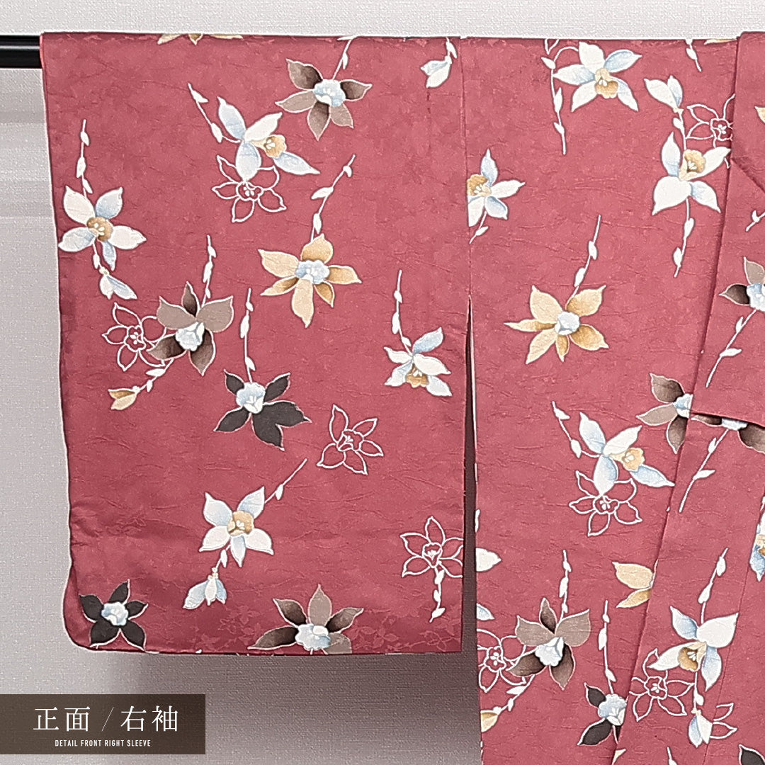 洗える着物 小紋 袷 身丈155cm 裄丈62cm ポリエステル Aランク 紋意匠 (植物柄) インフォーマル バチ衿 Mサイズ 花柄 ピンク系 HP 1221-14140