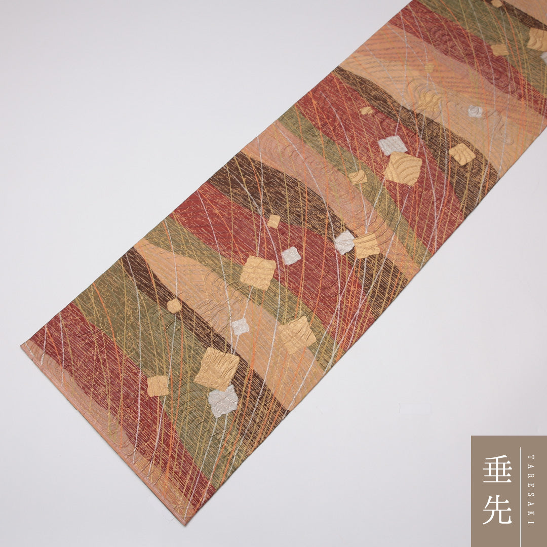 袋帯 帯丈456cm 正絹 全通 セミフォーマル ふくれ織 色紙 金系 茶系 1243-01269