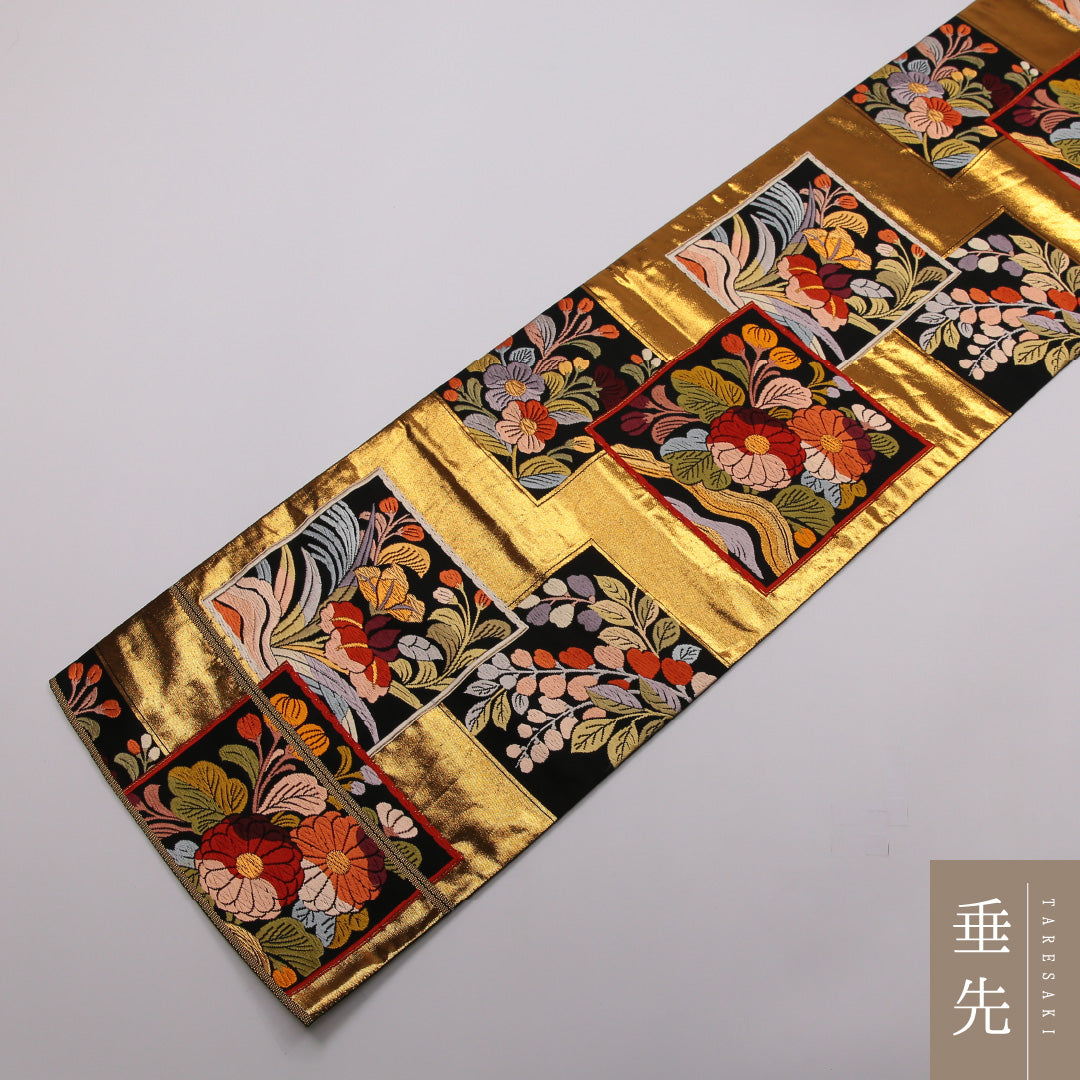 袋帯 帯丈432cm 全通 フォーマル Sランク 正絹 花柄 花絵札 菖蒲 古典的 華やか 金系 1223-01431