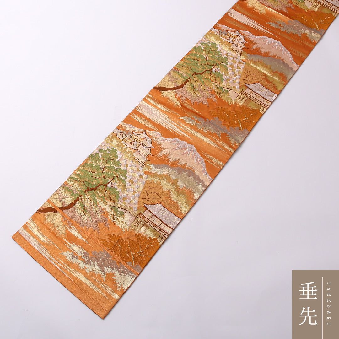 袋帯 帯丈436cm 正絹 六通 セミフォーマル 城 楼閣 松 金系 朱系 1243-01564