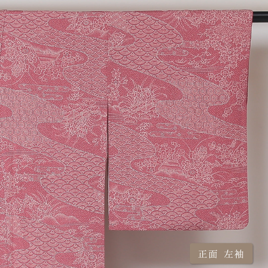 小紋 袷 身丈157cm 裄丈64cm 正絹 Aランク Mサイズ バチ衿 インフォーマル ちりめん 茶屋辻 青海波 ピンク系 1215-01505