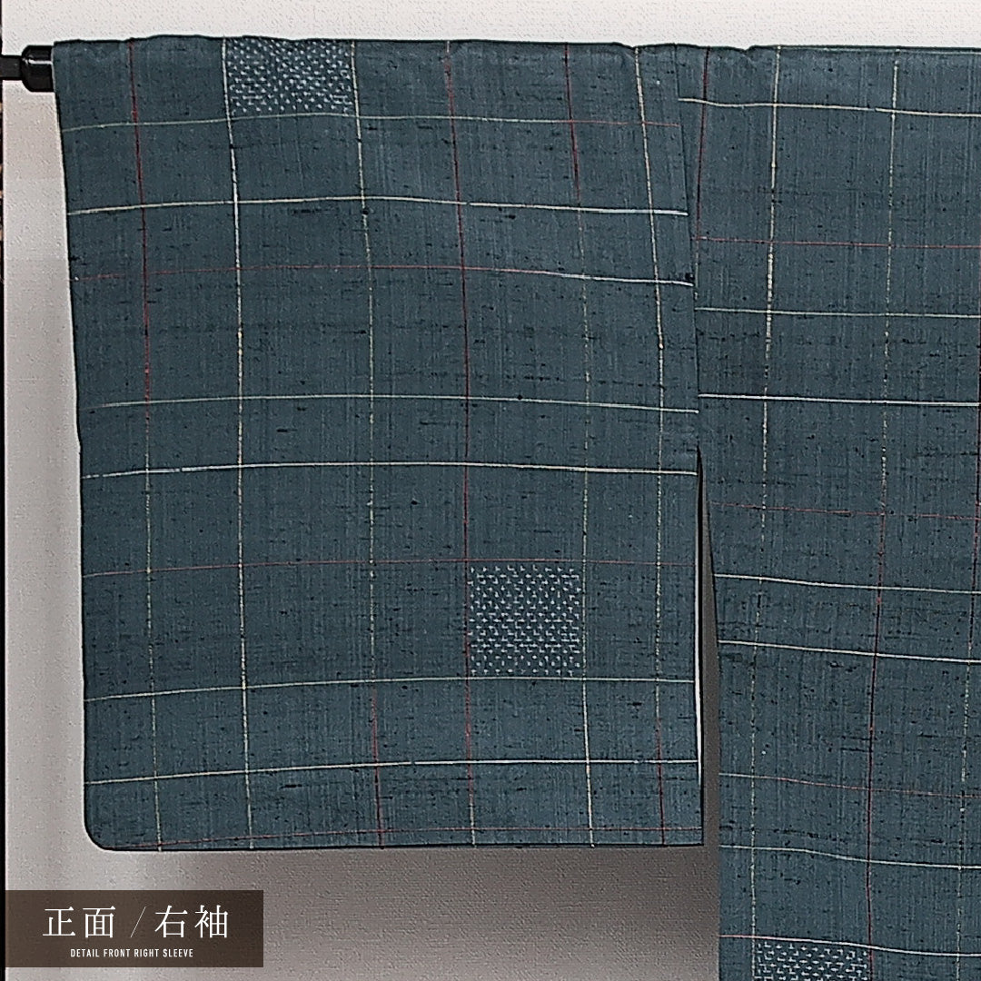 紬 袷 身丈151cm 裄丈67cm 正絹 Aランク カジュアル バチ衿 Sサイズ 格子 緑系 RP 1223-14099
