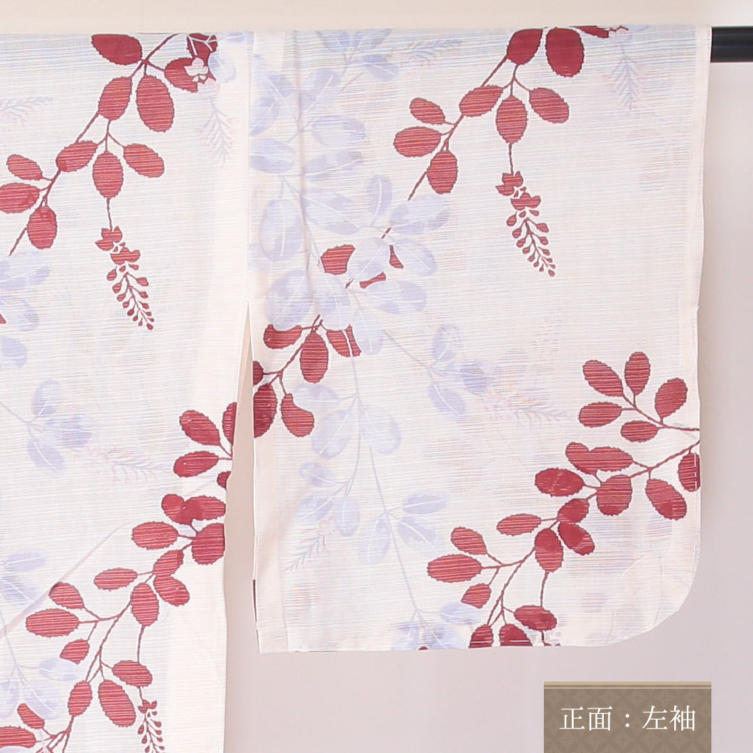小紋 絽 身丈138cm 裄64cm 麻 洗える着物 萩 居敷当て 白系 Sランク 1215-02269