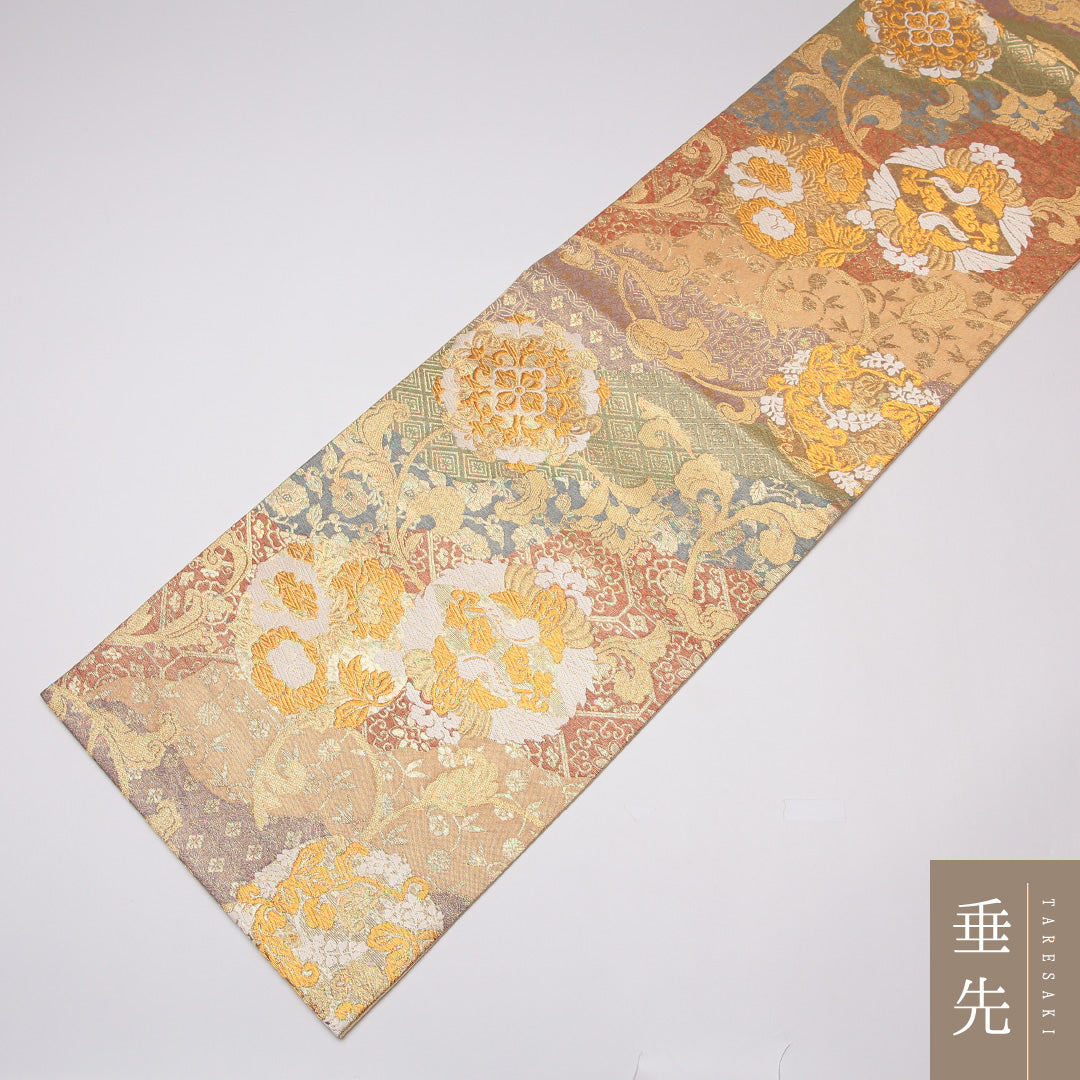 袋帯 帯丈418cm 正絹 六通 フォーマル 蜀江 花菱 金系 1243-01310