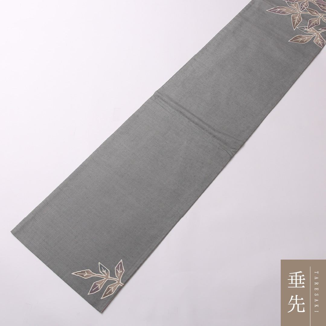 袋帯(紬) 帯丈462cm 正絹 ポイント柄 染め帯 インフォーマル 花柄 紫系 緑系 1243-01556