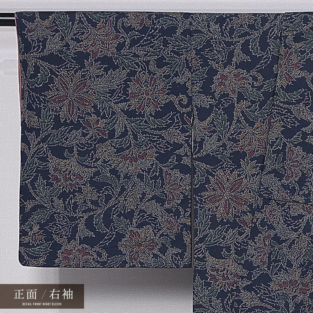 紬 袷 身丈162cm 裄丈64cm 正絹 Dランク カジュアル 広衿 Lサイズ 唐華 紺系 LP 1223-11302