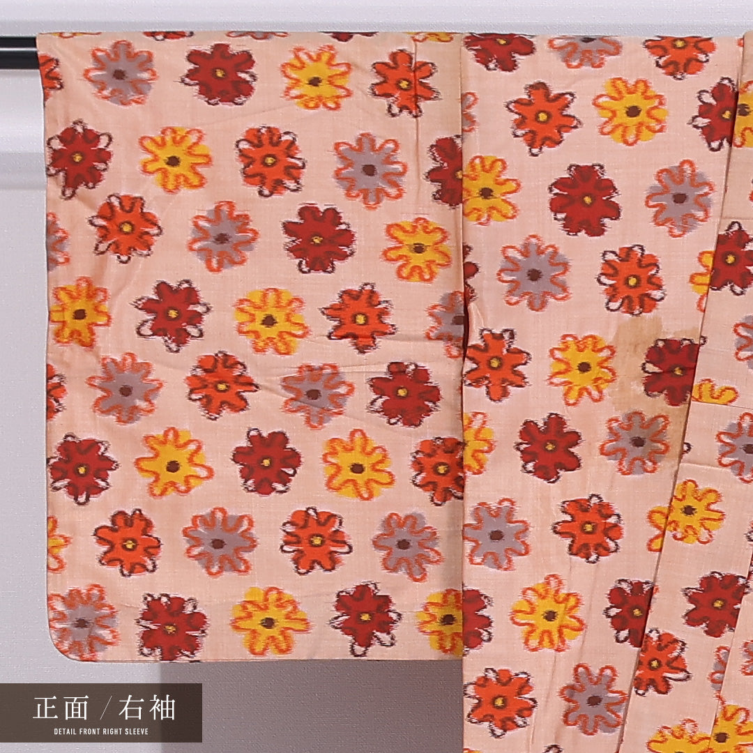 アンティーク 銘仙の着物 袷 身丈151cm 裄丈62cm 正絹 Cランク バチ衿 Sサイズ 花柄 朱系 RP 1223-11860