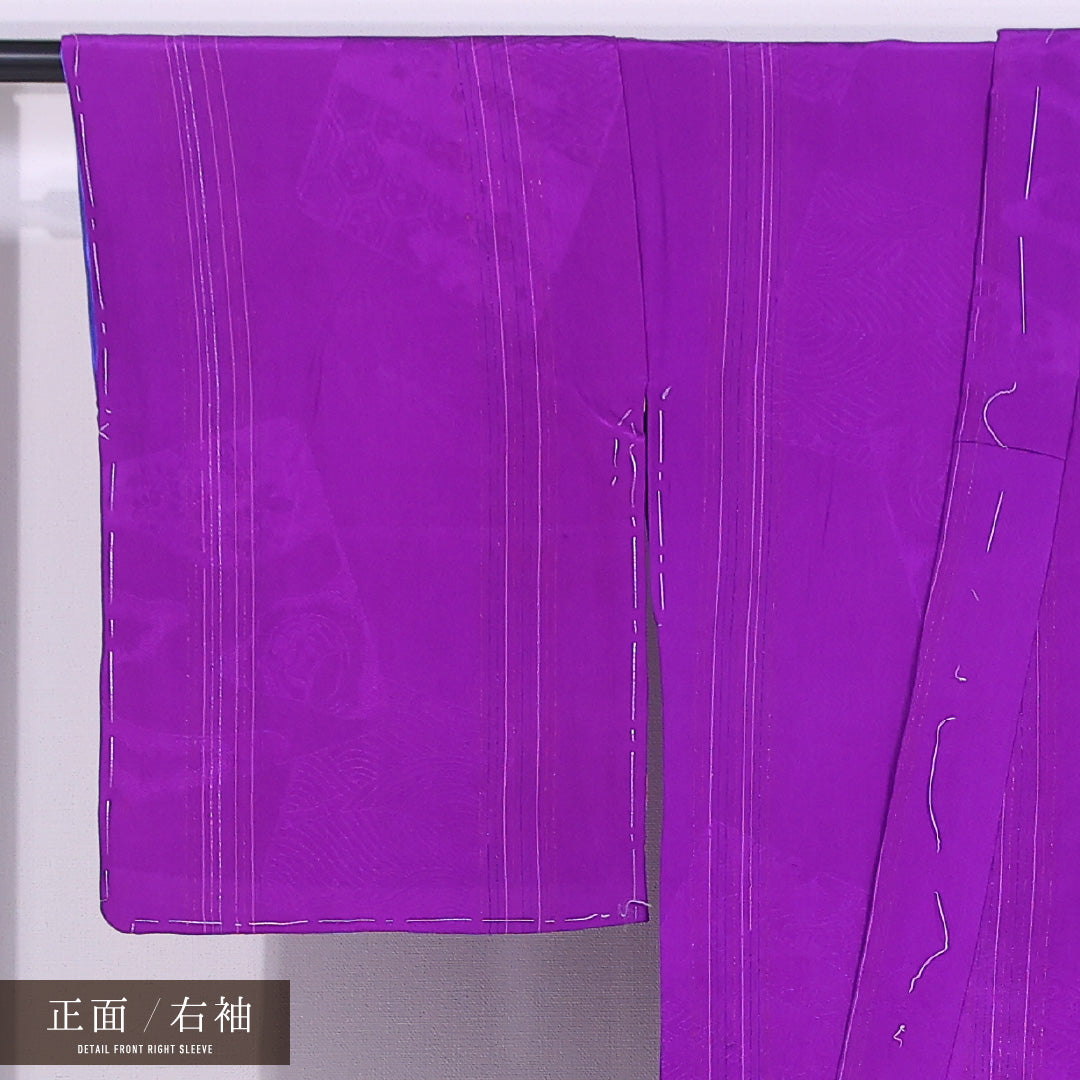 アンティーク 小紋 袷 身丈149cm 裄丈64cm 正絹 Aランク バチ衿 XSサイズ 無地 絵札 紫系 M4 1221-11767