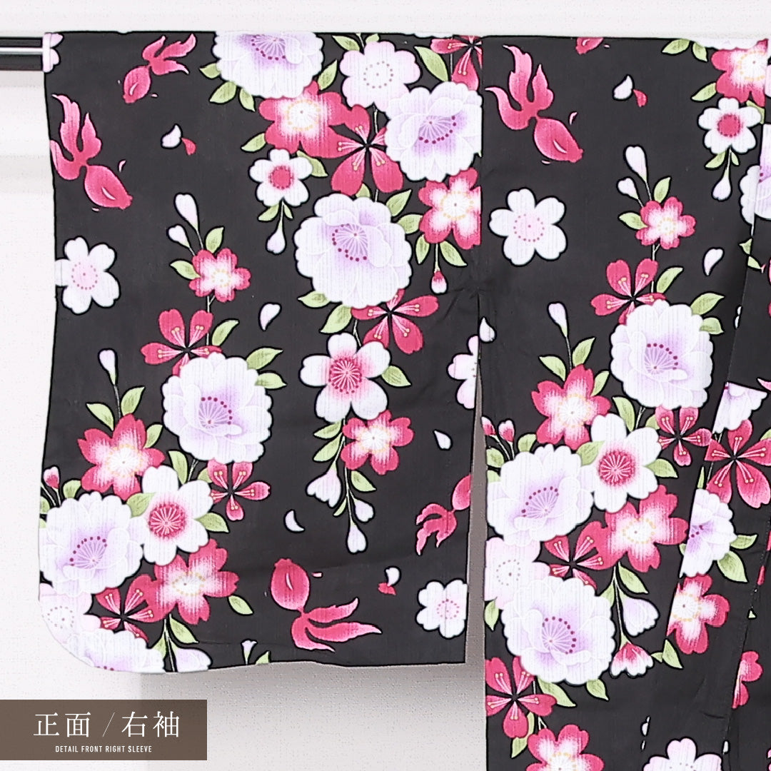 夏物 浴衣 身丈146cm 裄丈61cm Sランク XS 木綿 洗える着物 夏物 バチ衿 牡丹 桜 金魚 カジュアル 黒系 1218-12459