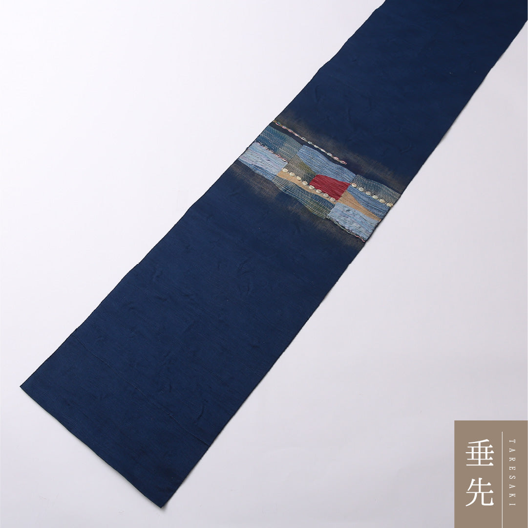名古屋帯 紬地 ポイント柄 帯丈352cm カジュアル Sランク 正絹 ふくれ織 創作柄 現代的 遊び心 青系 1224-02689