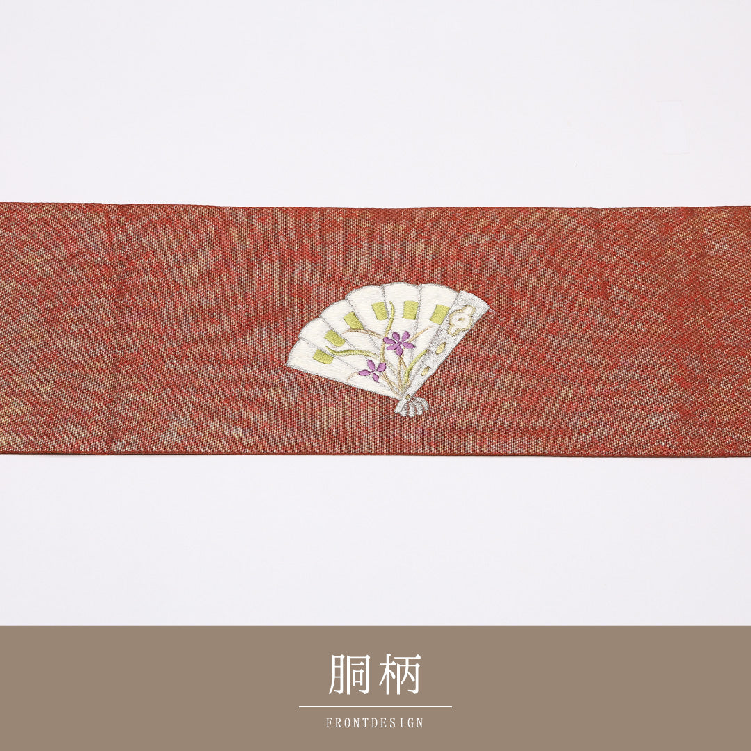 九寸名古屋帯 帯丈393cm 正絹 ポイント柄 名古屋仕立て 織り セミフォーマル 螺鈿 刺繍 大和美人文 扇 朱系 M4 1245-01445