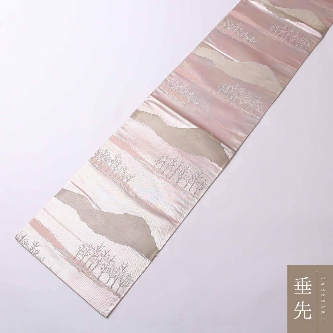 袋帯 帯丈434cm 正絹 六通 セミフォーマル 遠山 木立 ピンク系 銀系 1243-01592