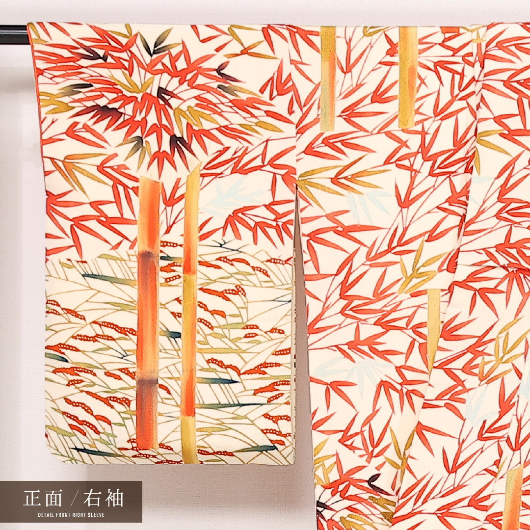 小紋 袷 身丈161cm 裄丈63cm 正絹 Aランク インフォーマル 広衿 Lサイズ 笹 クリーム系 HP 1221-13390