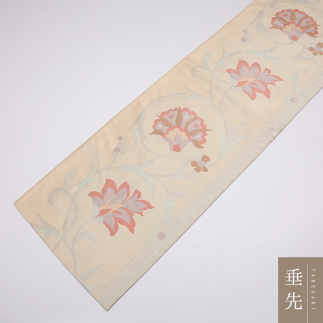 袋帯 帯丈436cm 正絹 六通 セミフォーマル ふくれ織 唐草華文 クリーム系 1243-01014