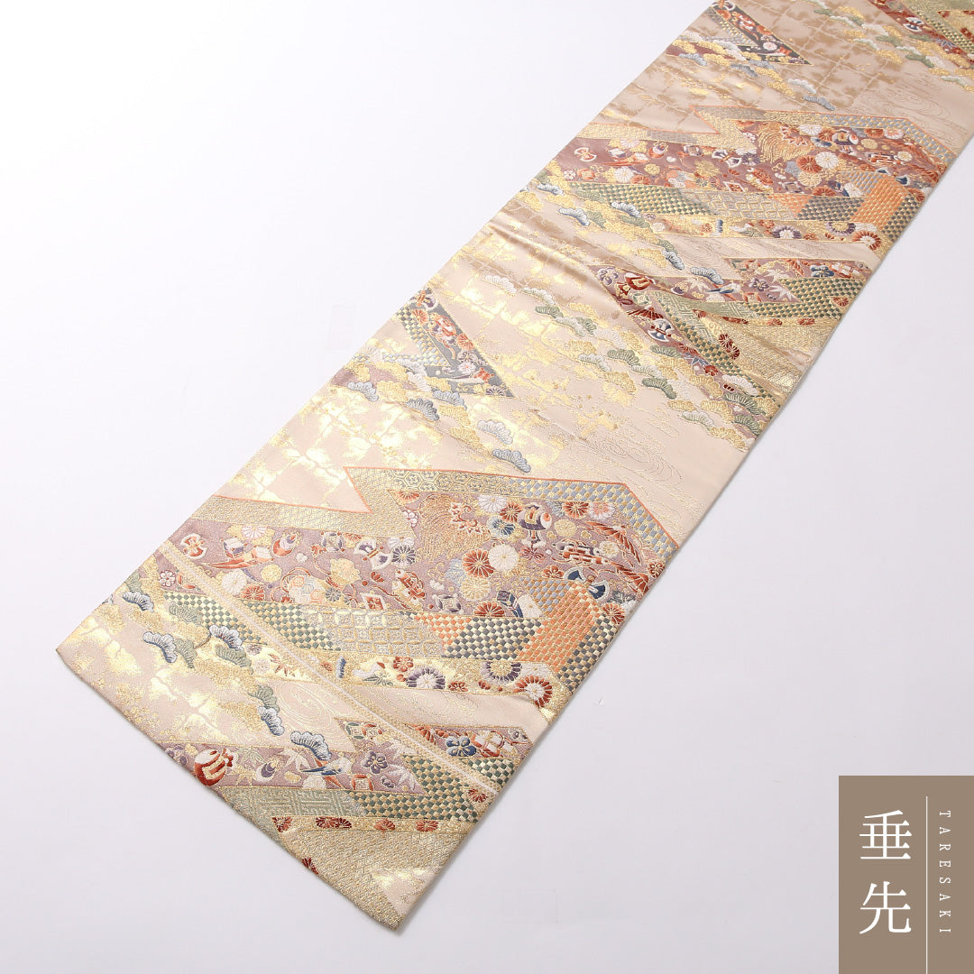 袋帯 帯丈420cm 正絹 六通 松皮取華宝紋 フォーマル 九百錦 松皮菱 裂取り 金系 1243-01687