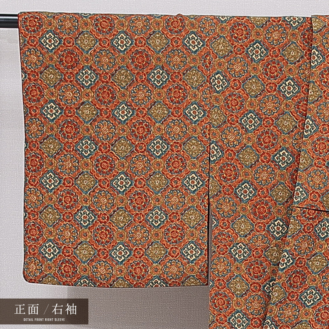 小紋 袷 身丈159cm 裄丈66cm 正絹 Aランク インフォーマル 広衿 Mサイズ 唐華 茶系 RP 1221-15620