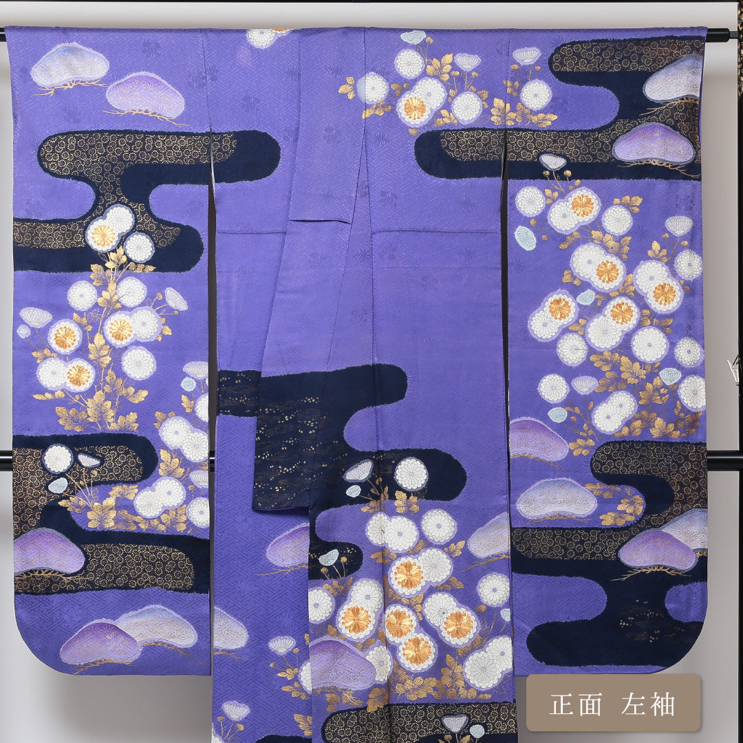 振袖 身丈171cm 裄丈70.5cm Bランク 袷 正絹 広衿 エ霞 金彩 金駒刺繍 松 1213-F0046