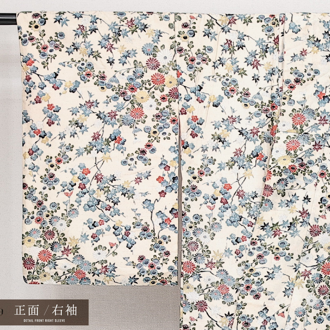紬 袷 身丈146cm 裄丈63cm 正絹 Aランク カジュアル 広衿 XSサイズ 染め紬 菊 紅葉 クリーム系 RP 1223-14604