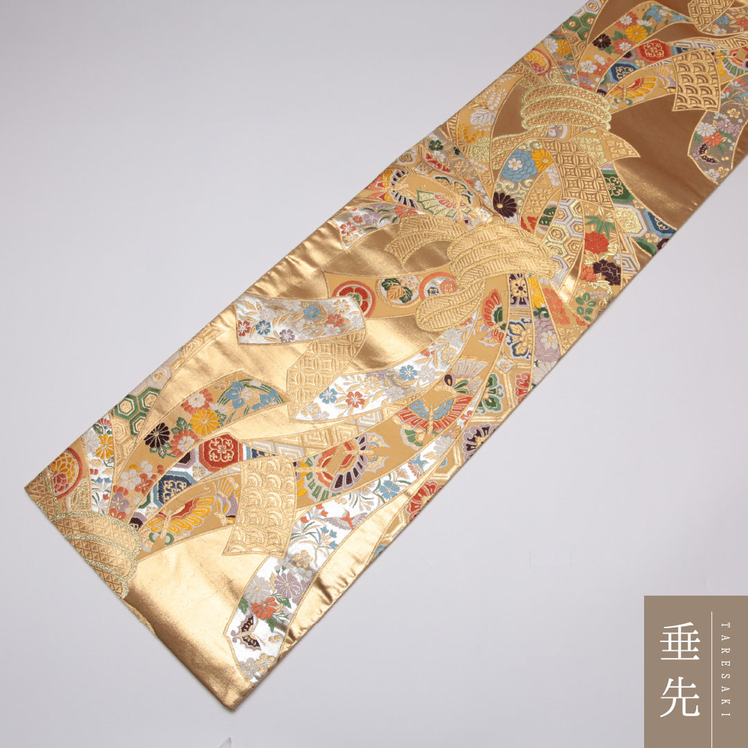 袋帯 帯丈442cm 正絹 六通 フォーマル 熨斗 古典柄 金系 1243-01115