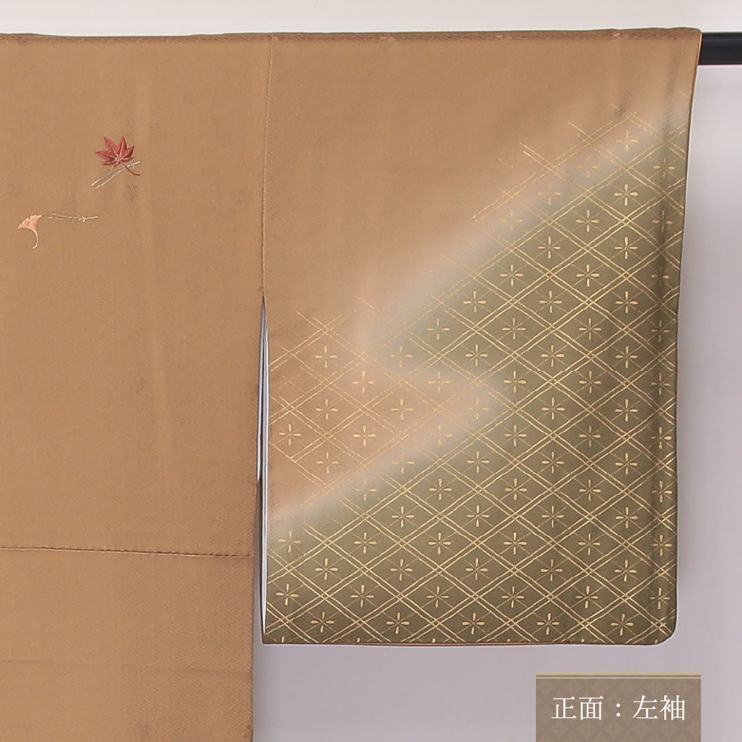 訪問着 袷 身丈150~154cm 裄62cm 正絹 紋意匠 菱形 紅葉 菊 梅 狐色 茶系 Bランク 1212-00611