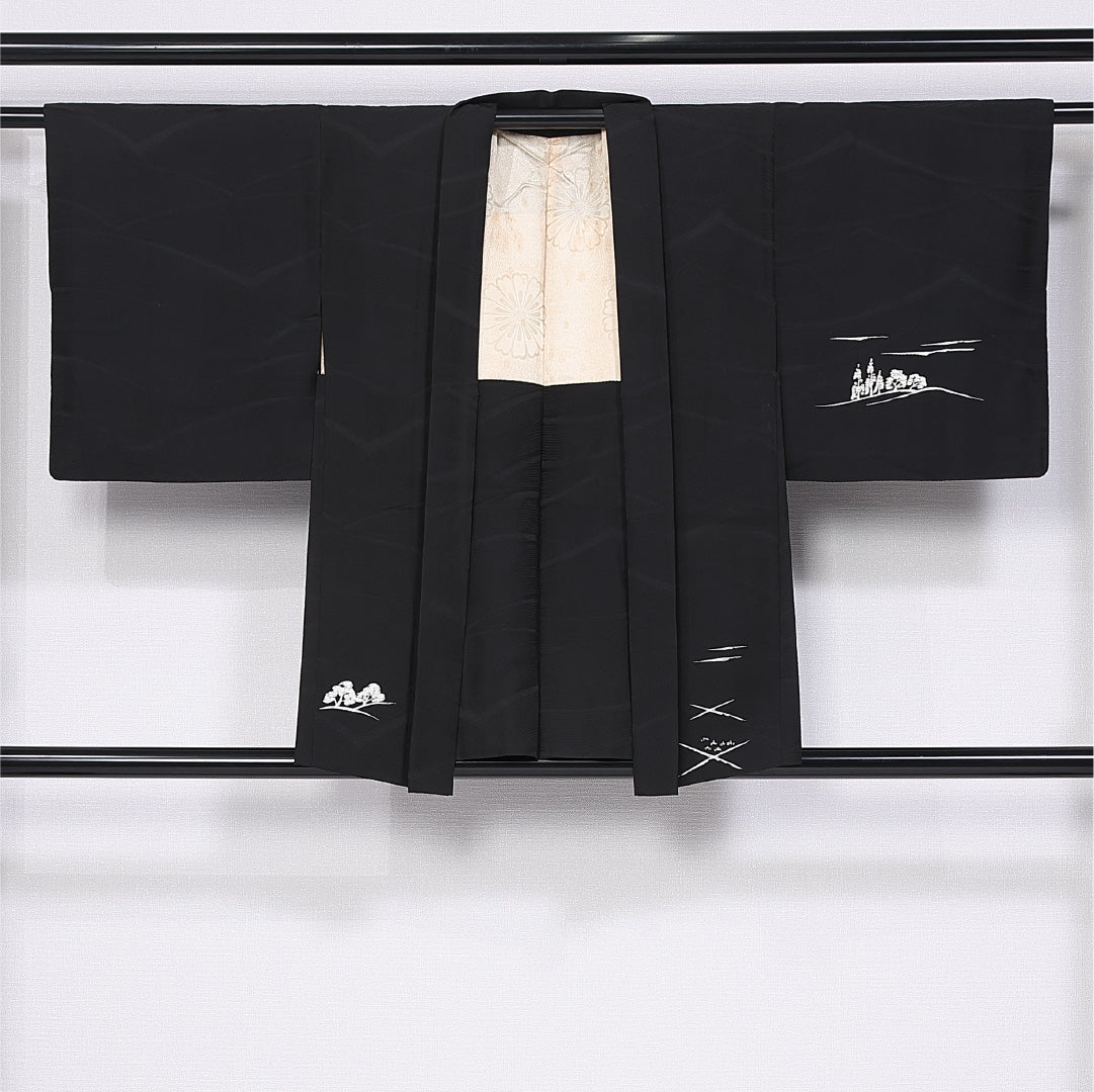黒羽織 袷 身丈79cm 裄丈62cm 正絹 Aランク インフォーマル Sサイズ 絵羽羽織 茶屋辻 黒系 RP 1233-11168