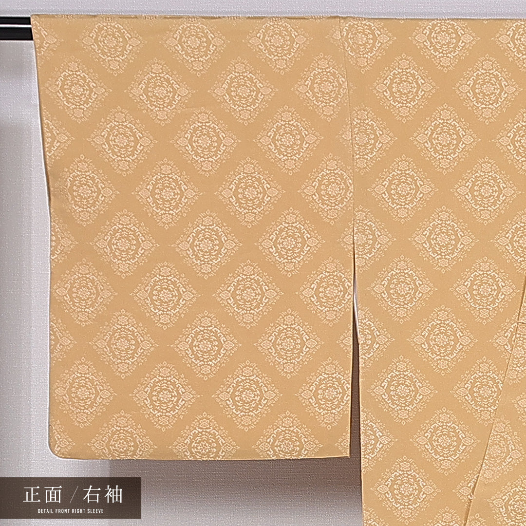 色無地 袷 身丈163cm 裄丈64cm 正絹 Bランク 一つ紋 (中陰蔦) セミフォーマル 広衿 Lサイズ アラベスク文様 黄系 HP 1219-11229
