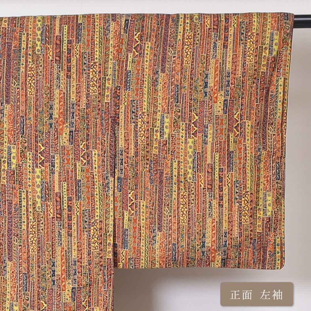 小紋 袷 身丈161cm 裄丈64cm 正絹 Aランク インフォーマル 広衿 Lサイズ 創作柄 黄系 HP 1221-01848