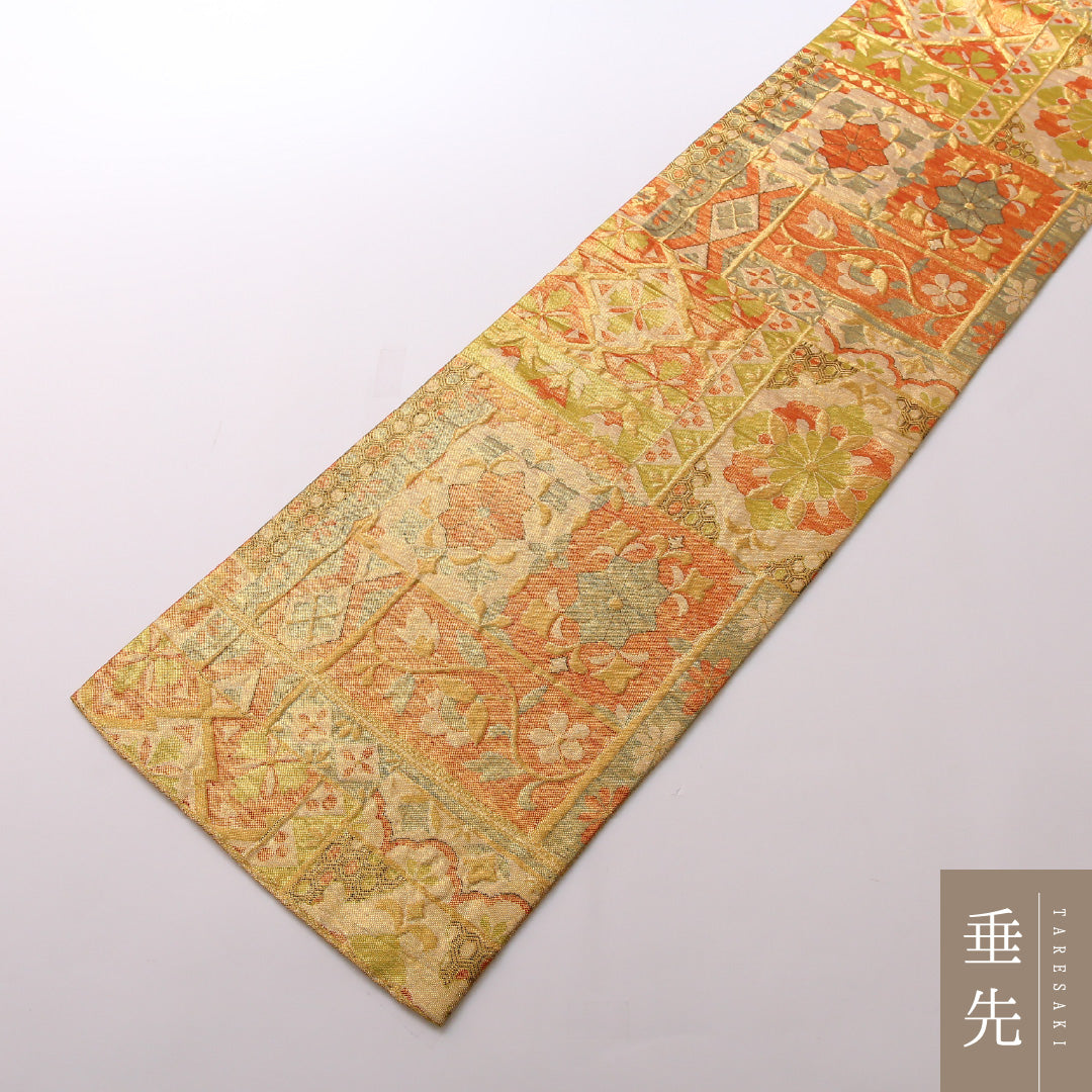 袋帯 帯丈424cm 正絹 六通 フォーマル 佐賀錦 ふくれ織 唐草華文 古典柄 朱系 1243-01669
