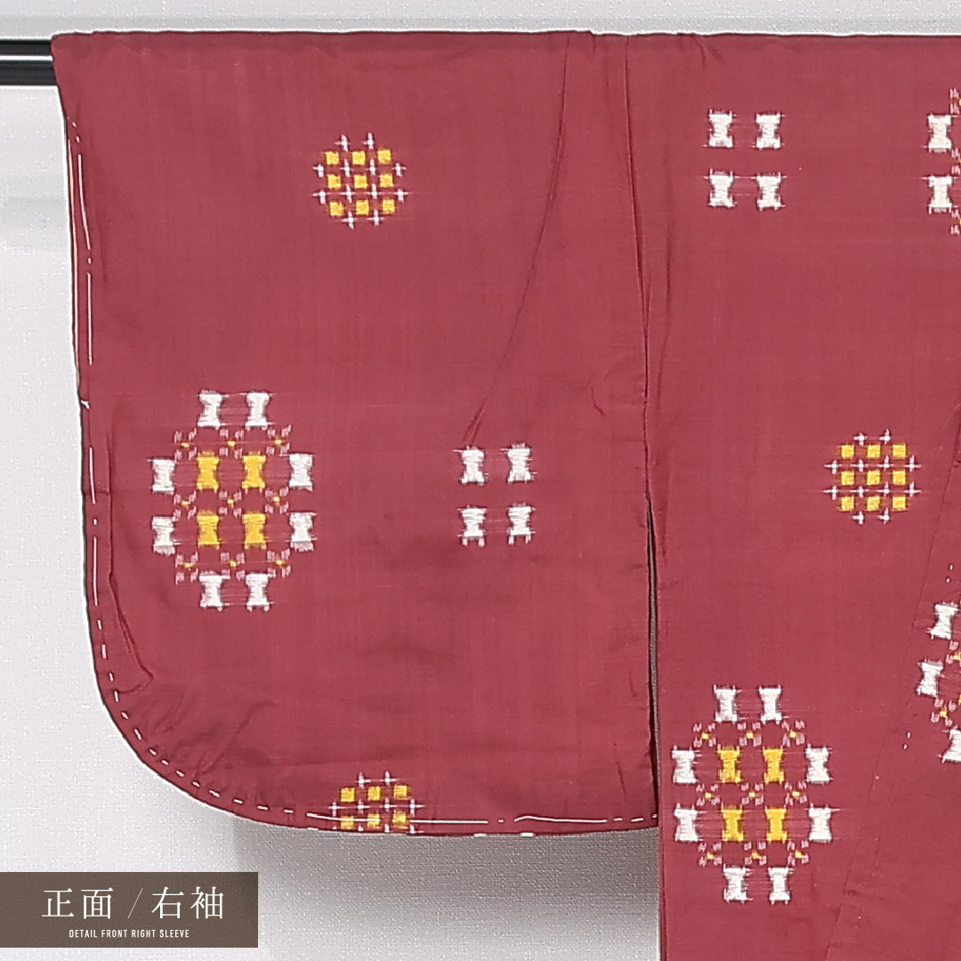 アンティーク 銘仙の着物 袷 身丈149cm 裄丈61cm 正絹 Bランク 広衿 XSサイズ 丸文 赤系 M4 1223-11906
