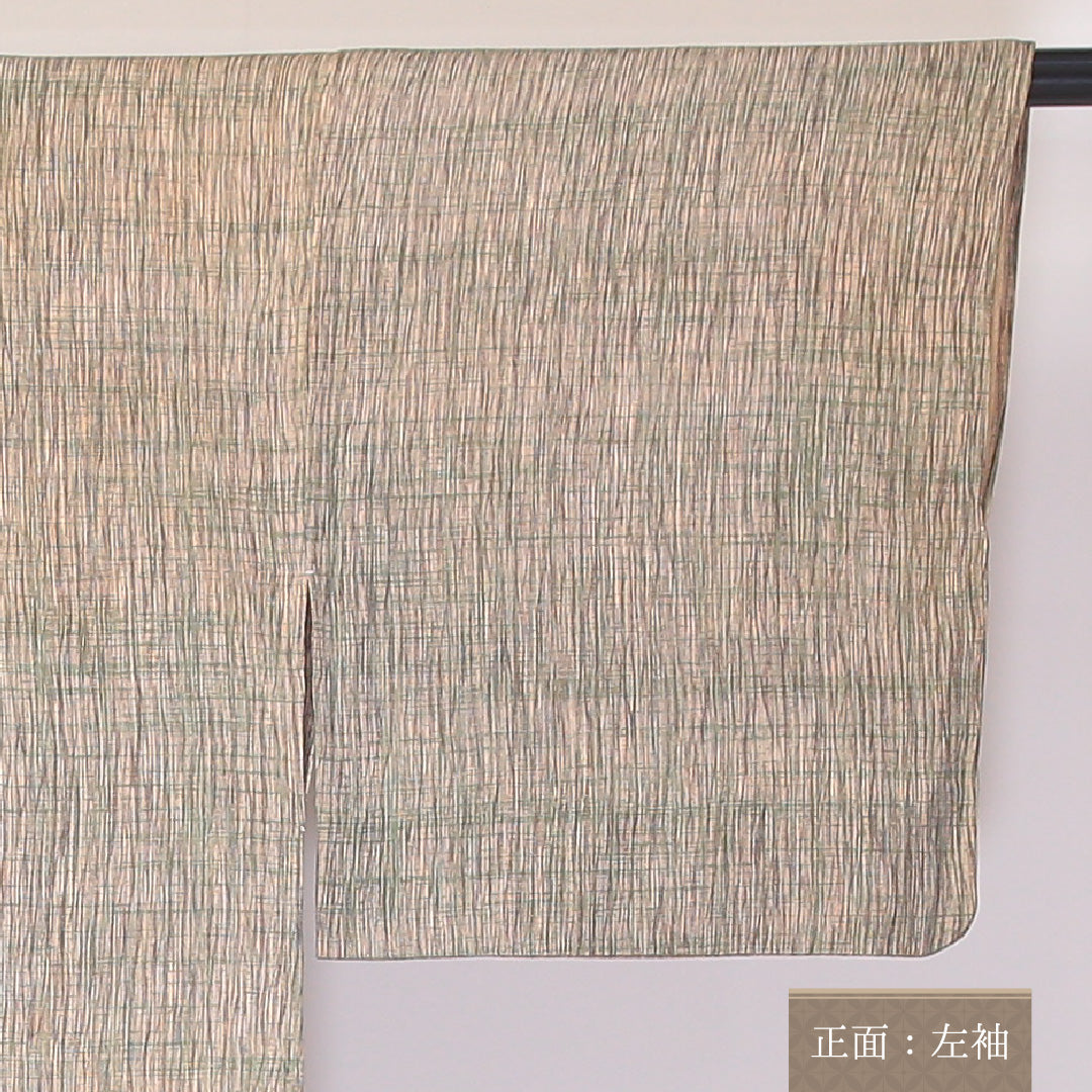 小紋 単衣 身丈143cm 裄59.5cm 正絹 夏着物 緑系 ちぢみ Cランク 1215-02268