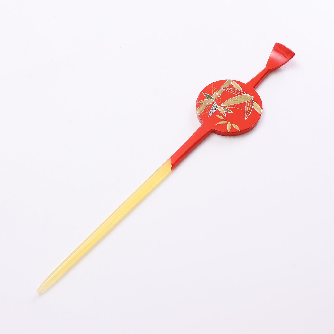 平打 髪飾り Sランク 白甲風 かんざし 蒔絵 竹 笹 朱系 1237-00377