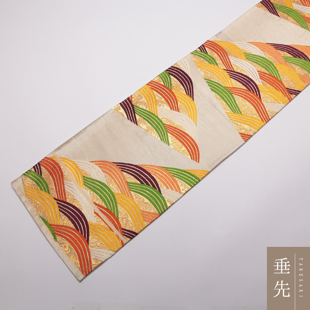 袋帯 帯丈420cm 六通 青海波 フォーマル クリーム系 正絹 Aランク 1223-01334