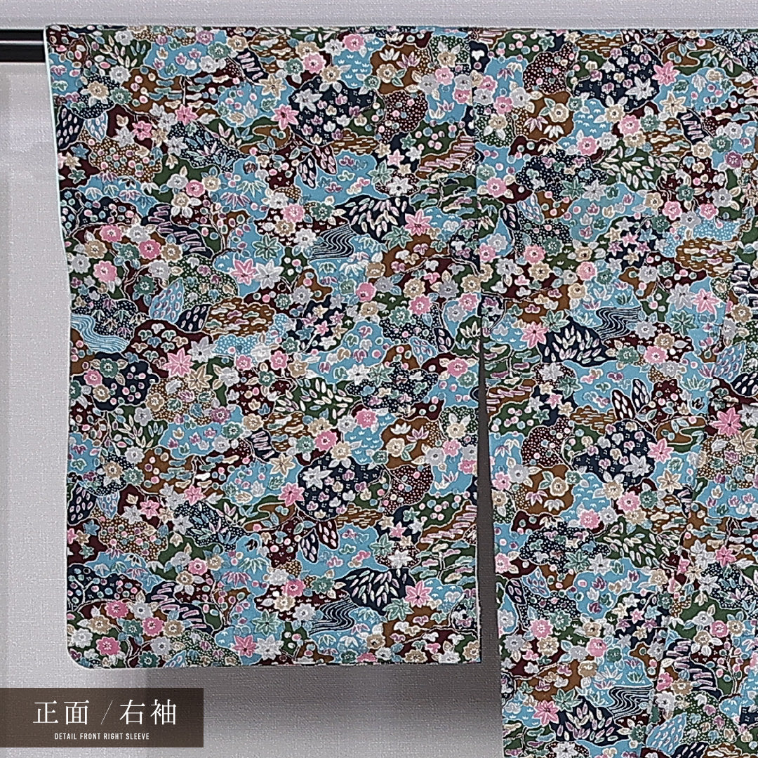 小紋 袷 身丈158cm 裄丈64cm 正絹 Bランク インフォーマル バチ衿 Mサイズ 四季草花 緑系 HP 1221-11277