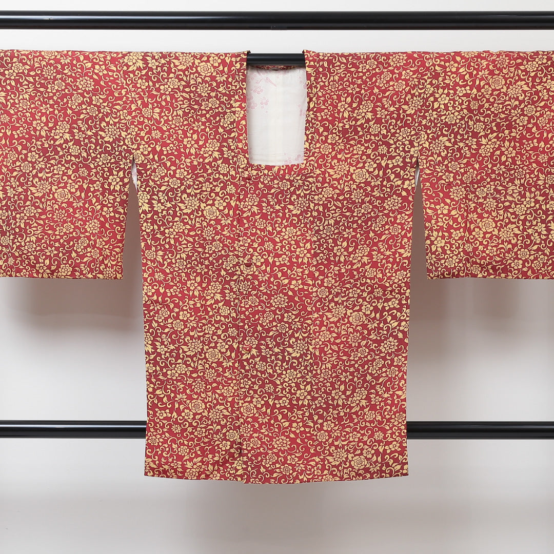 道行コート 袷 身丈88cm 裄丈66cm 正絹 Sランク セミフォーマル Mサイズ 唐草 赤系 RP 1237-05711